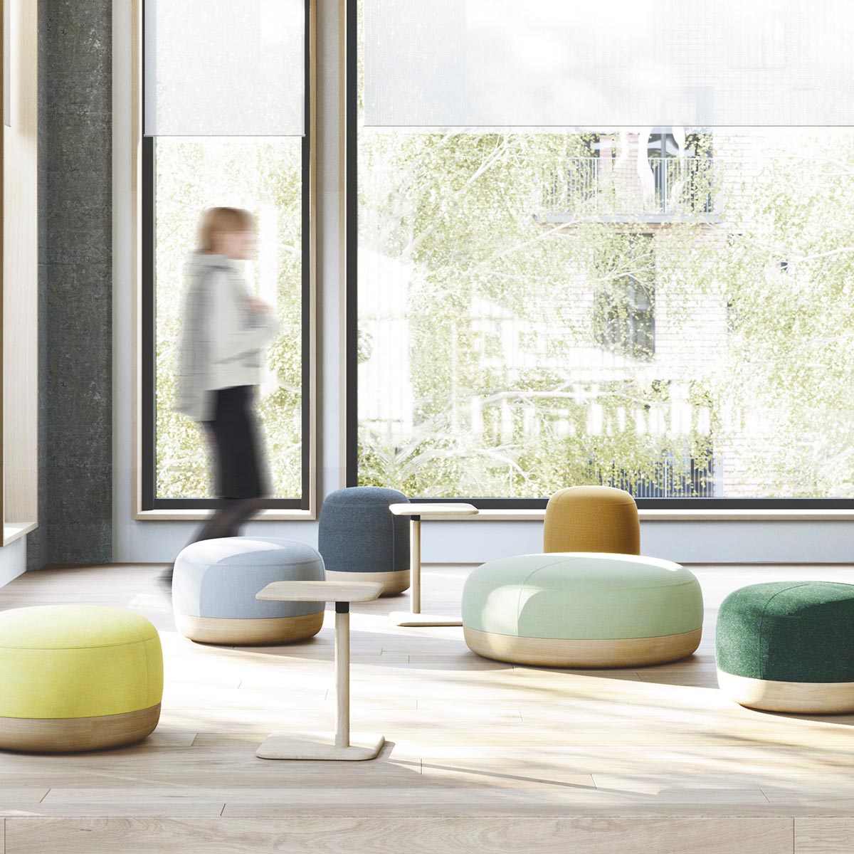 Pouf rond moyen en bois massif et tissu
