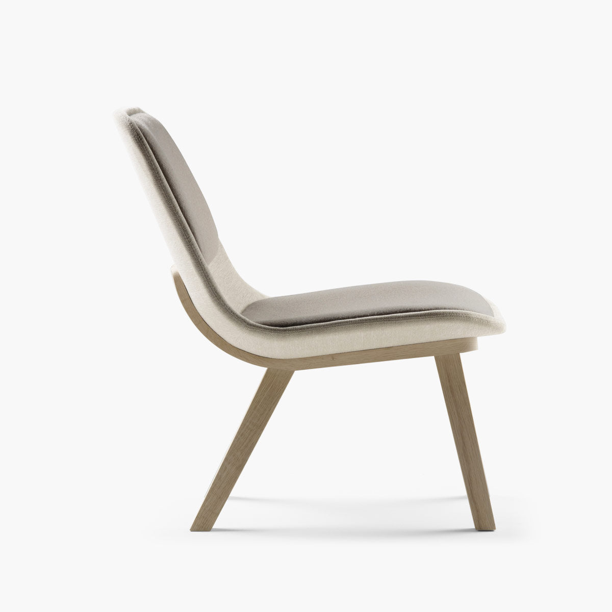 Fauteuil lounge coque rembourrée sur piètement en bois massif